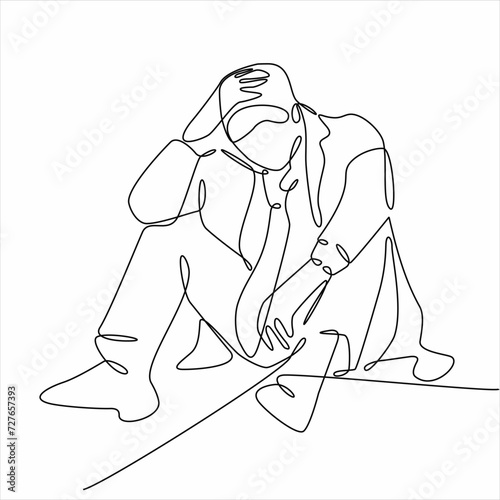 Continuous line drawings of young men feeling sad, tired and worried about suffering from depression in mental health. problems, failures and concepts of heartbreak