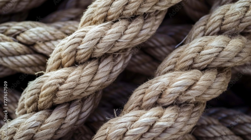 Bold rope. Closeup of old thick nautical ropes. Heavy strong ropes background.