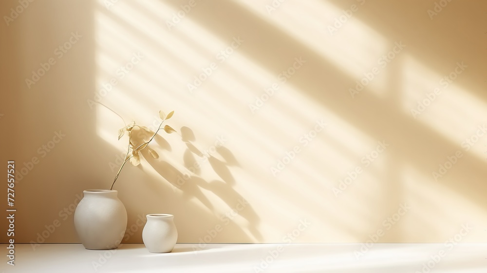 Minimalist interior with white vase on the floor with cream background and sunlight. Minimalist interior with white vase on the floor with cream background and sunlight.