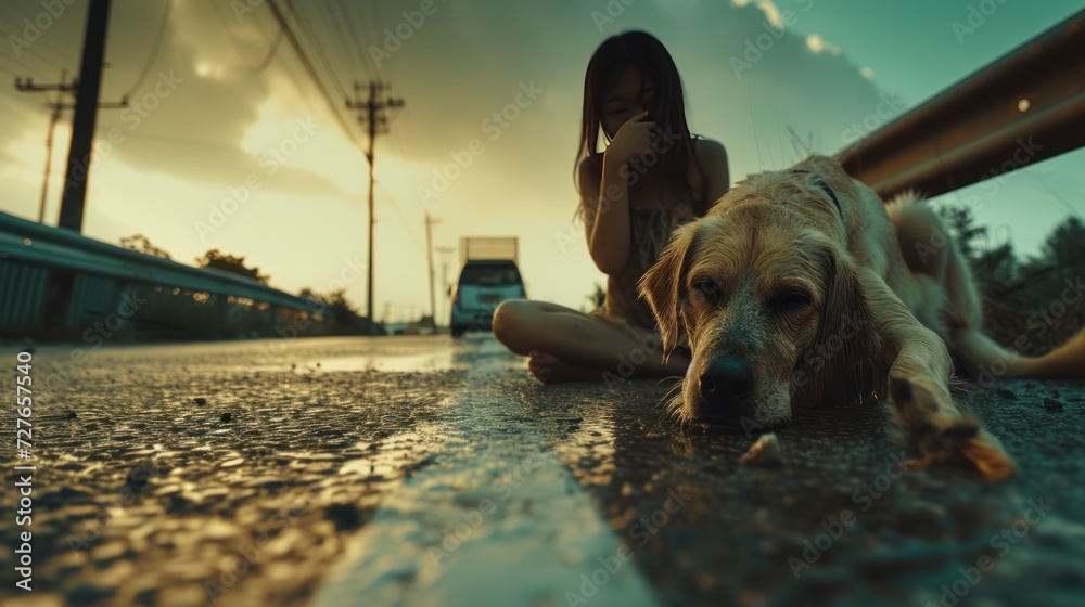 A dog was a car and died on the road. Asian girl sitting and crying. Low angle view. - obrazy, fototapety, plakaty 