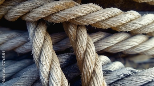 Bold rope. Closeup of old thick nautical ropes. Heavy strong ropes background.