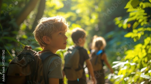Sunlit Forest Adventure: Children Exploring Nature’s Wonders Adventure in forest