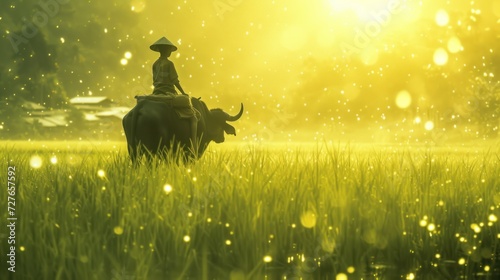 A Vietnamese boy rides a buffalo to graze in the middle of a green field. The lights shine and the view is beautiful.