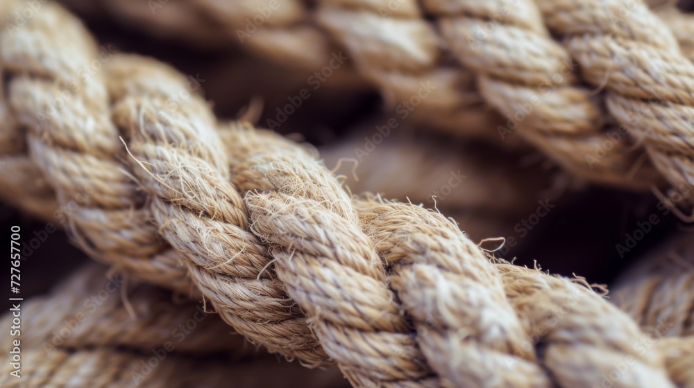 Bold rope. Closeup of old thick nautical ropes. Heavy strong ropes background.