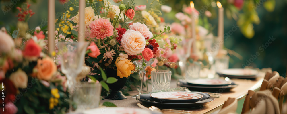 Close up of wedding reception table setting with flower arrangements
