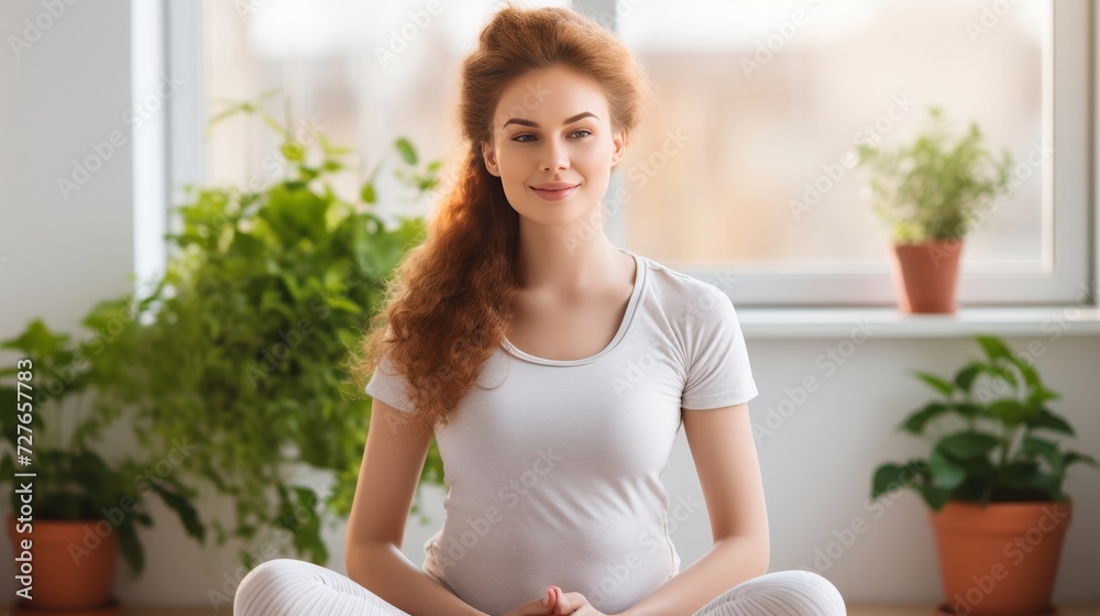 Pregnant woman doing prenatal yoga exercise on a mat at home in a relaxed and peaceful atmosphere
