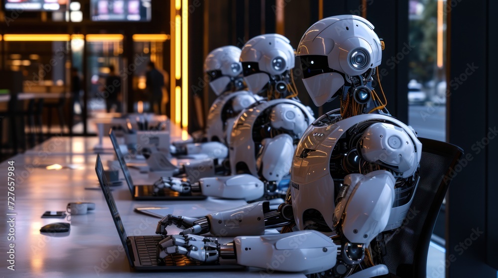 Creative AI image of a group of robots in a company sitting at a table and working with a laptop while looking at a screen in a modern office and using a prosthetic device. without humans Creative AI image of a group of robots in a company sitting at a table and working with a laptop while looking at a screen in a modern office and using a prosthetic device. without humans