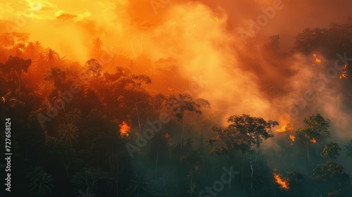 Forest fire, in the tropics, on the mountain, beautiful light. © Jeerawut