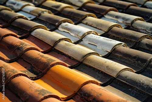 Professional roofing tiles installation in the style of painter, lively action poses, spot metering, loose paint application, light white and dark orange.