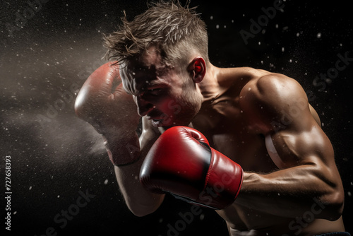 Portrait of young angry expressive boxer wearing boxing gloves. Generative AI © Nomad_Soul
