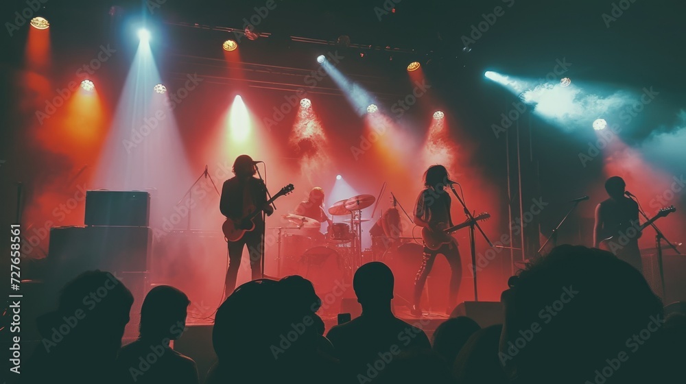 Fun music concert. Popular band star sing song. Happy fans people enjoy rock festival. Night club rave life. Disco show. Beautiful neon life. Musician man live perform. Singer play guitar silhouette.