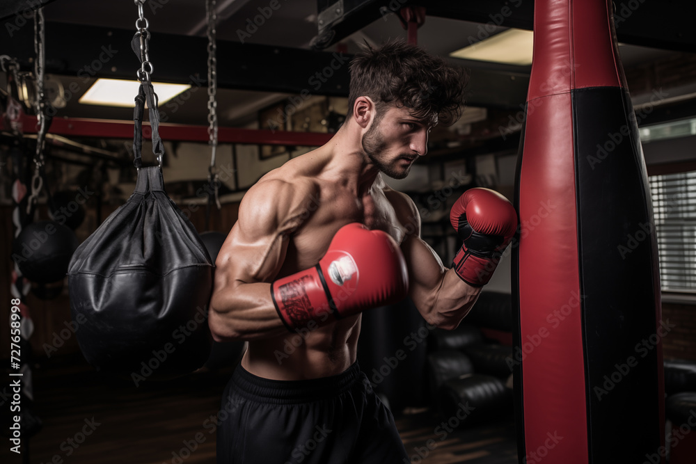 Attractive muscular man boxer training in gym. Kicking the punching bag. Generative AI