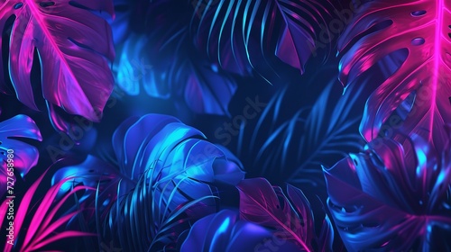 Neon Background with Tropical Leaves - 4K Realistic Glow