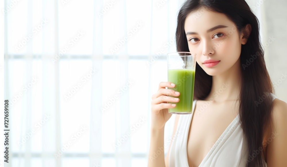 beautiful young woman drinking green vegetable juice with a blurred minimal kitchen background. beautiful young woman drinking green vegetable juice with a blurred minimal kitchen background.