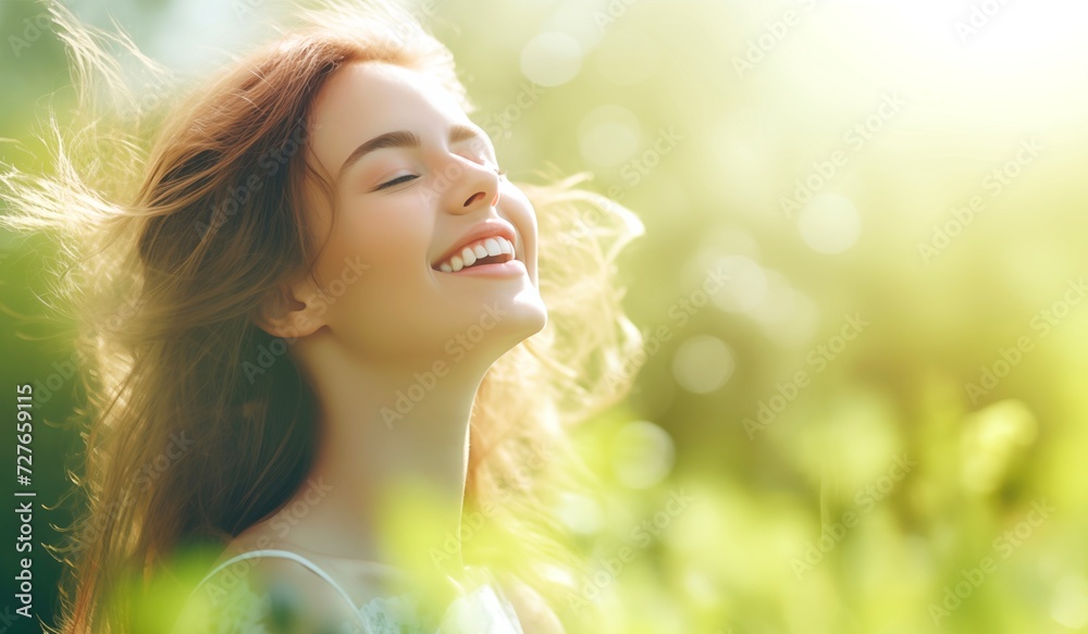 closeup happy beautiful woman's face in a healthy lifestyle with a blurred morning sun background