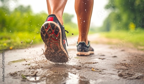Closeup athlete's foot running on a rainy day for training and exercise with a healthy lifestyle concept photo