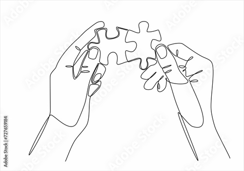 Continuous line drawing of hands Combining Two Puzzle Pieces isolated on white background.