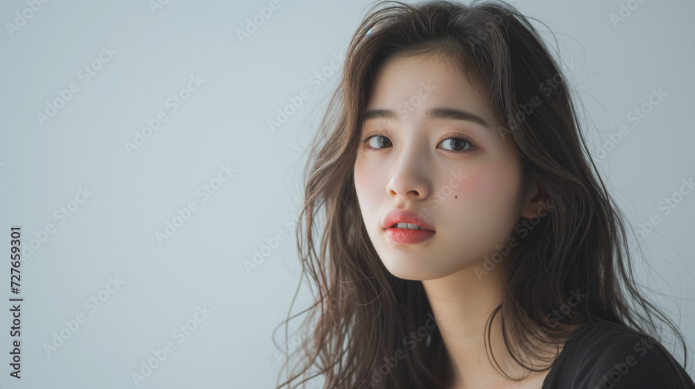 A Japanese Asian girl with natural beauty, in a white background photo studio, soft highlights depict her natural hue, Ai generated image A Japanese Asian girl with natural beauty, in a white background photo studio, soft highlights depict her natural hue, Ai generated image