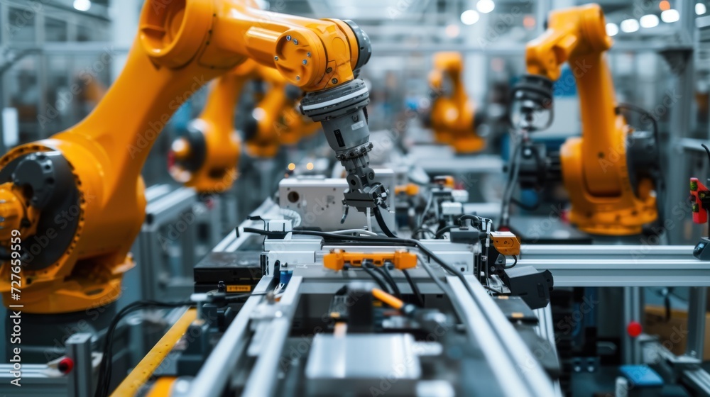 In companies in the robot industry, robot production, employees do modern technology.