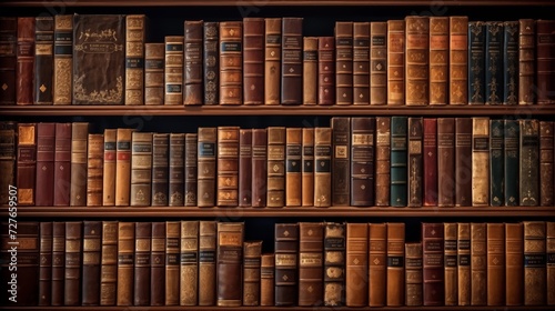 Many old books stacked in texture. Study with classic dark wood. Textured leather old books on bookshelf. Public library