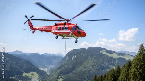 Red rescue helicopter  with working propeller flying in the mountains. Emergency medical, air rescue, coast guard  service. Safety and travel insurance concept