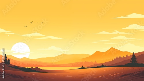 Landscape background illustration in yellow tones, golden hour , sunset. Mountains silhouettes.