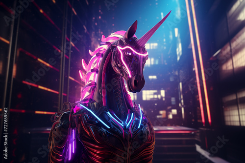 Beautiful neon bright unicorn in modern city. Generative AI