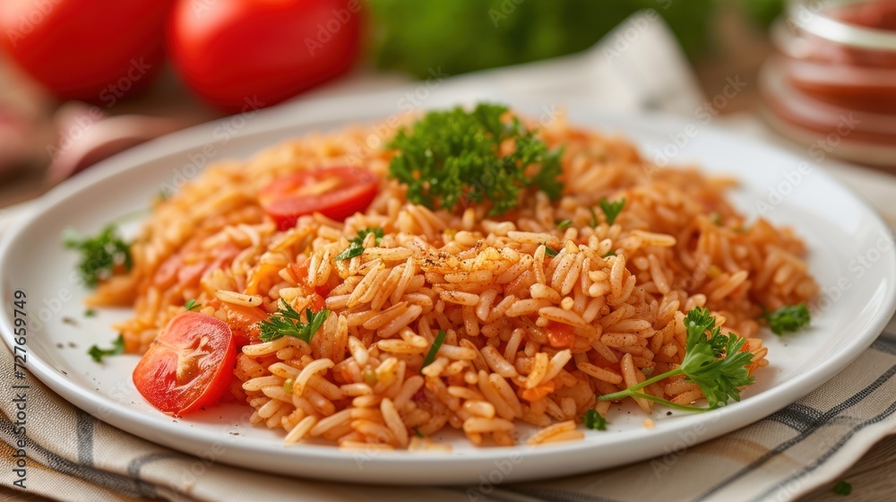 Rice with Tomato Sauce French food on a white plate Rice with Tomato Sauce French food on a white plate