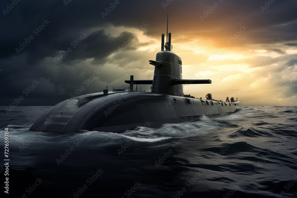 Huge submarine in deep ocean at sunset storm. Generative AI