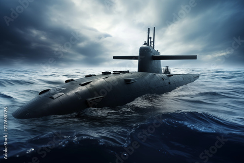 Huge submarine in deep ocean at storm. Generative AI