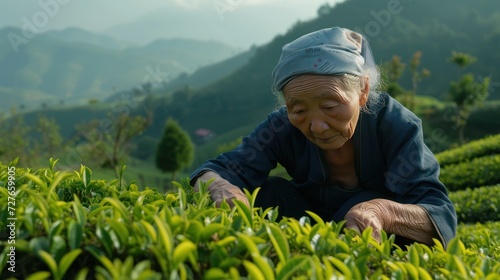 Vietnamese old woman Picking tea leaves high in the mountains There are worms eating young tea leaves. photo