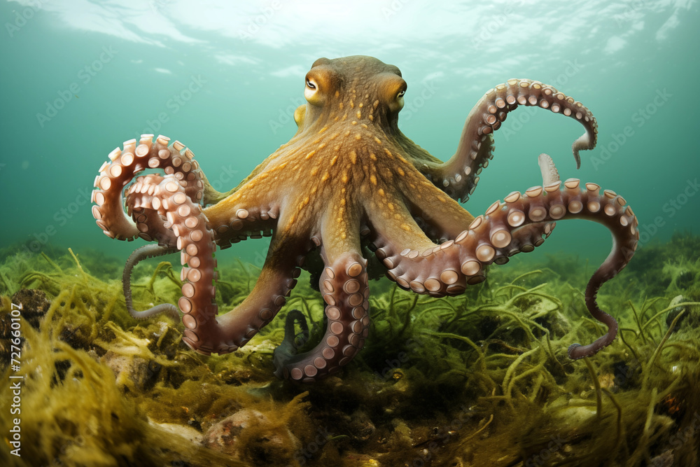 Obraz premium Big octopus during a hunting sequence underwater. Generative AI