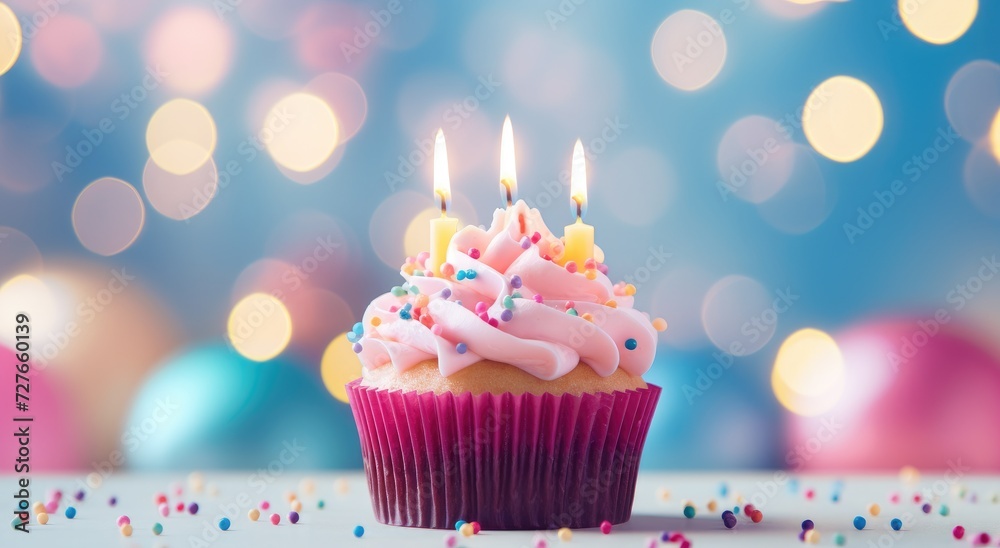 A cupcake with pink frosting adorned with lit candles.