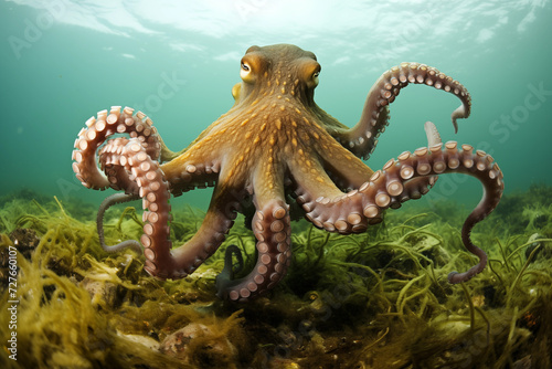 Big octopus during a hunting sequence underwater. Generative AI