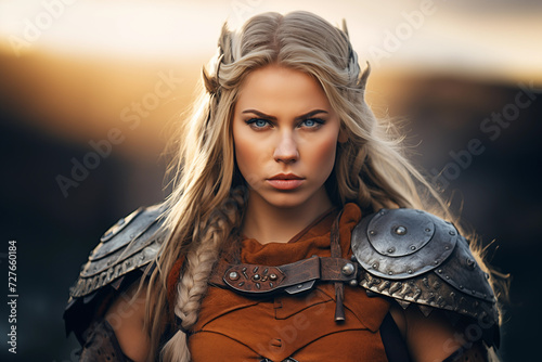 Beautiful viking woman warrior. Generative AI photo