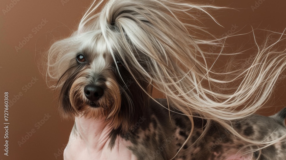 Naklejka premium A dog with long hair blowing in the wind in style of fashion editorial. Dog coat on dark background. Grooming