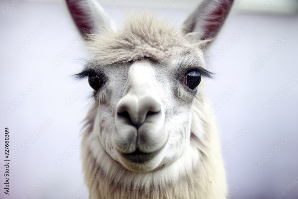 A detailed shot of a llamas face with the background deliberately out of focus.