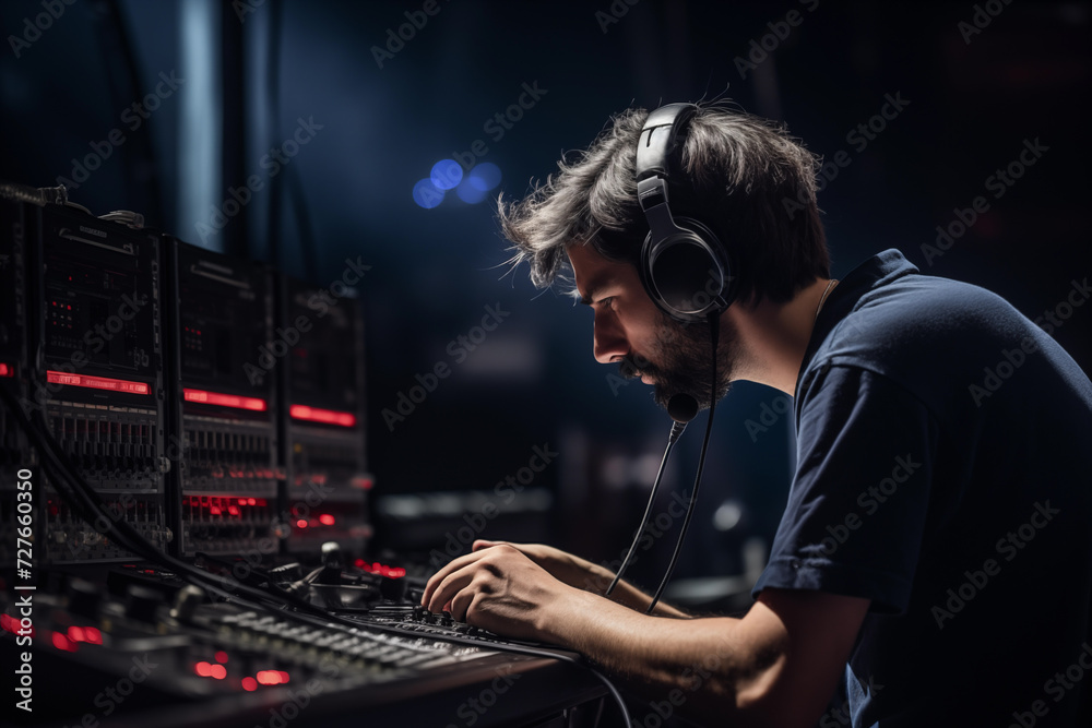 Audio engineer using headphones to identify and fix audio issues during a live performance. Generative AI - obrazy, fototapety, plakaty 