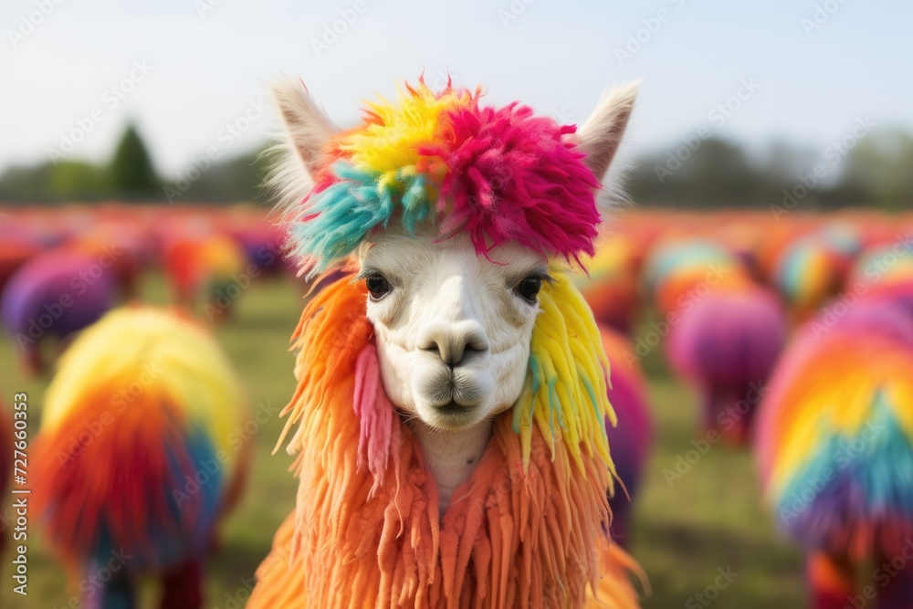 A llama stands amidst a vibrant field filled with llamas that have been dyed in a variety of colors.
