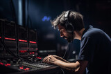 Audio engineer using headphones to identify and fix audio issues during a live performance. Generative AI