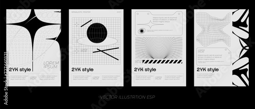 Acid digital graphic design in monochrome style, minimalist posters. Gothic elements for design. 2YK style.