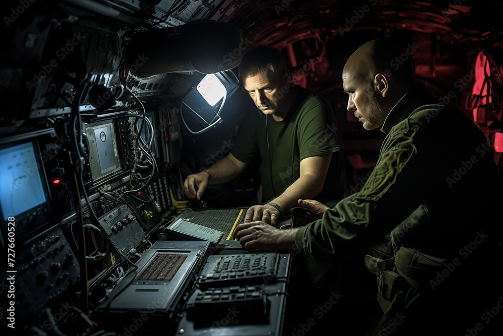 Crew members monitoring sonar equipment inside the submarine. Generative AI