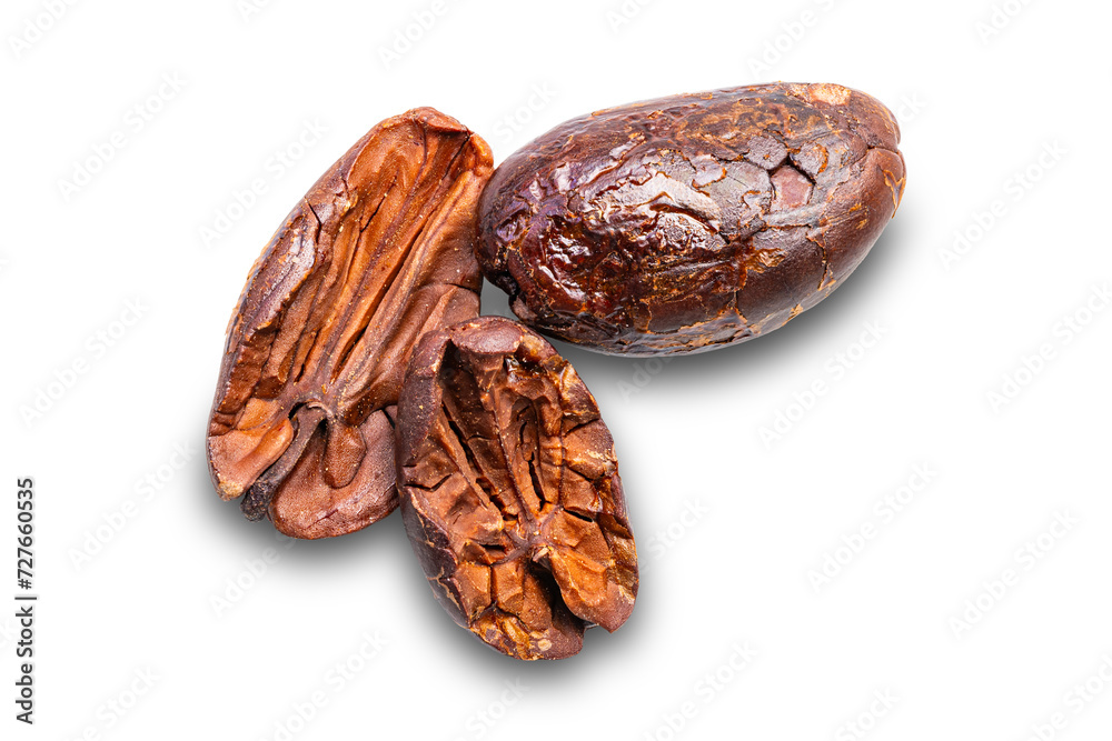 Top view closeup of dry roasted cacao nibs isolated on white background with clipping path. Top view closeup of dry roasted cacao nibs isolated on white background with clipping path.