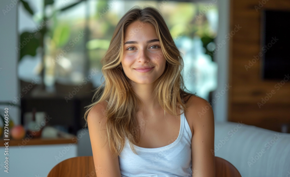 Young woman smiling warmly indoors, enjoying a tranquil moment in a modern setting with natural light streaming through large windows Young woman smiling warmly indoors, enjoying a tranquil moment in a modern setting with natural light streaming through large windows