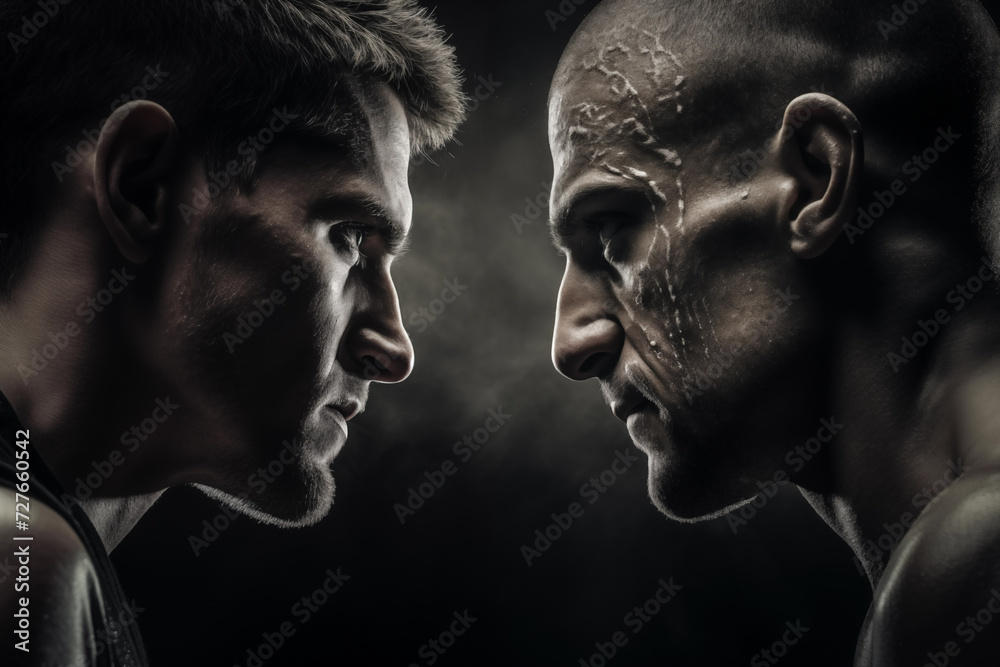 Dramatic scene with a tension-filled stare-down between two opponents ready for fight. Generative AI Dramatic scene with a tension-filled stare-down between two opponents ready for fight. Generative AI