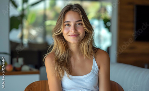Young woman smiling warmly indoors, enjoying a tranquil moment in a modern setting with natural light streaming through large windows