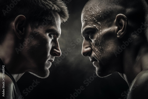 Dramatic scene with a tension-filled stare-down between two opponents ready for fight. Generative AI