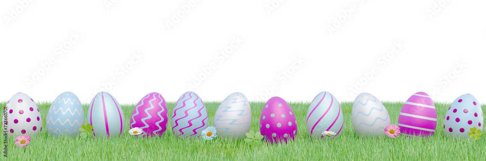 Many Easter eggs in a row on a meadow in the grass. Banner border. 3d rendering Many Easter eggs in a row on a meadow in the grass. Banner border. 3d rendering