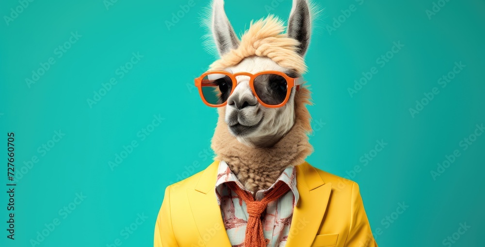 A llama stands confidently wearing sunglasses and a yellow jacket, showing off its unique style.