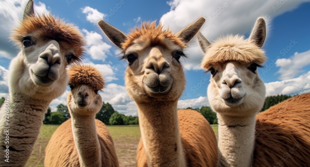 A group of llamas gathered together, standing side by side in a close-knit formation.
